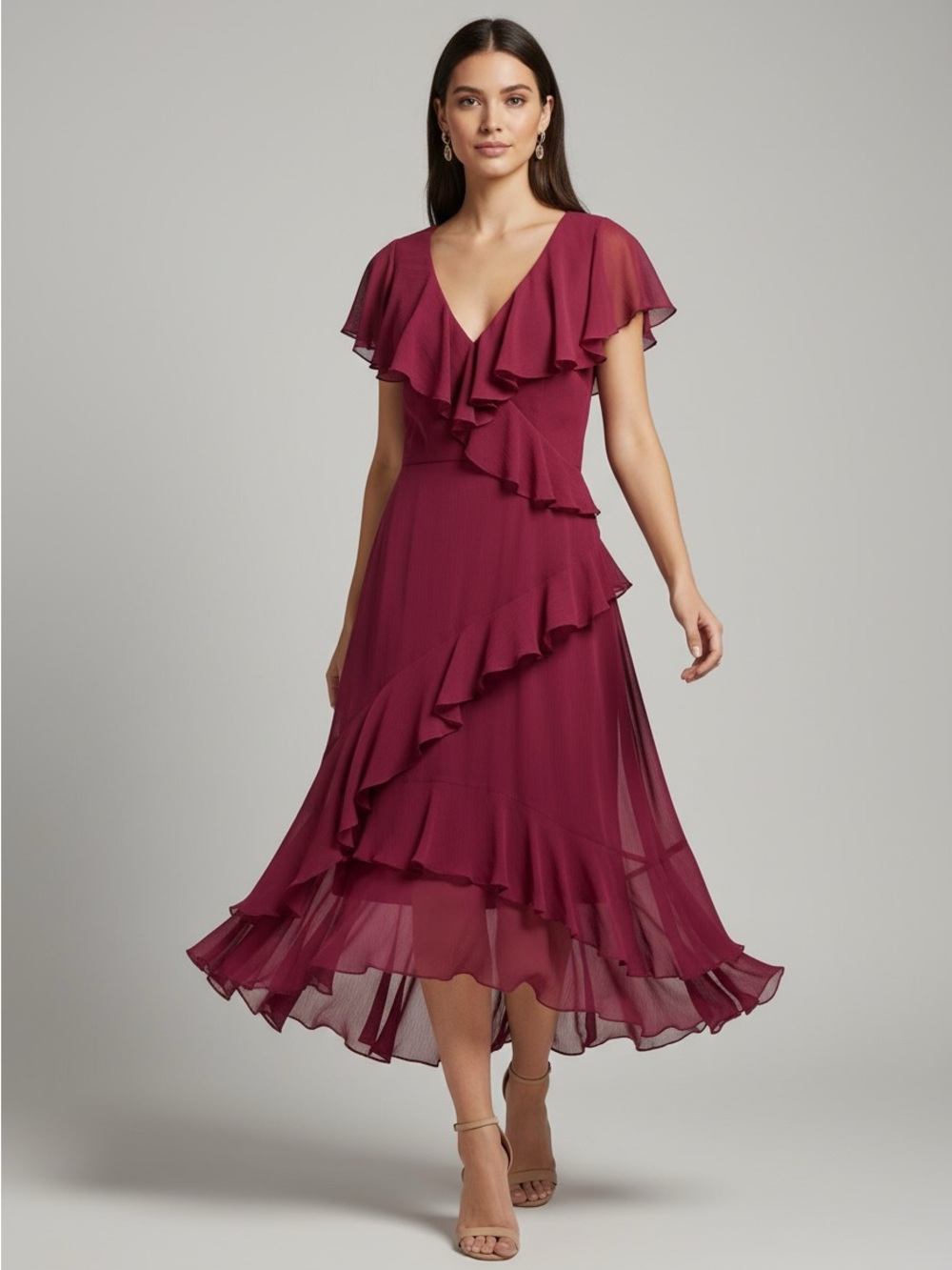 New DKNY Ruffle-Trim V-Neck Midi Dress - Burgundy size 20 W